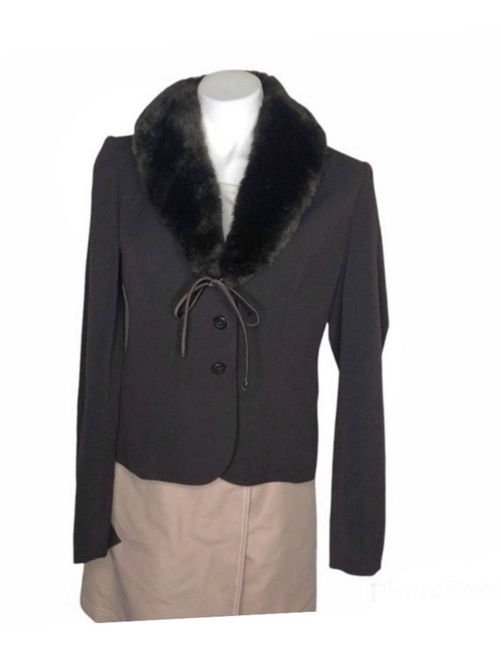 GEORGIOU Studio Brown Wool Blend Blazer Faux Fur Detachable Collar Size 10